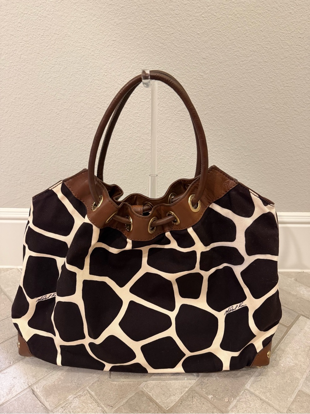 Michael Kors Giraffe Print Canvas Leather Studded Tote Bag